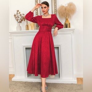 Red square neck satin dress